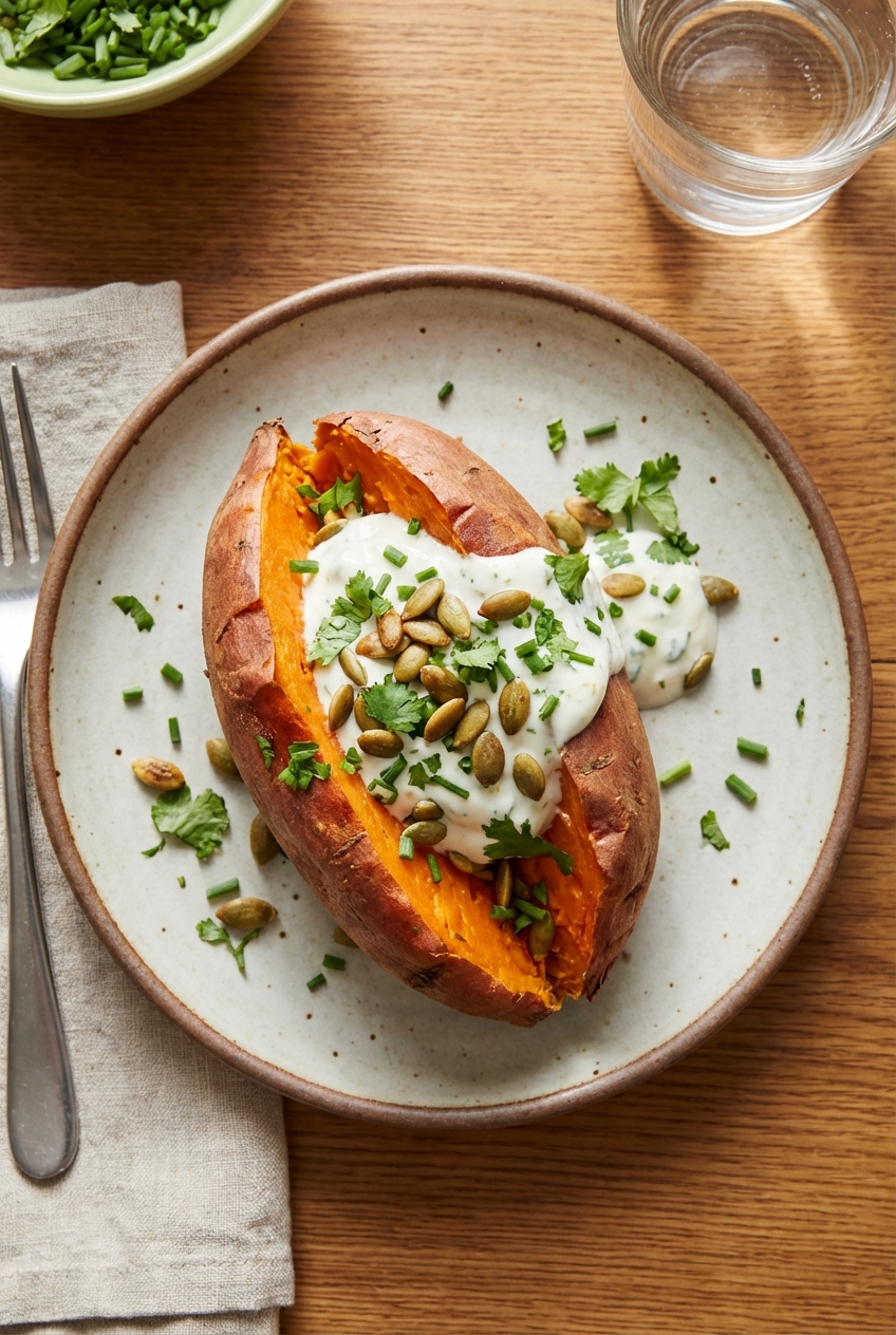 A real photo of a plated baked sweet potato topped with citrus yogurt sauce, pepitas, and herbs on a simple dinner table
