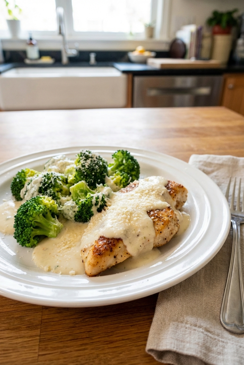 A real photo of a plated serving of chicken and broccoli covered in creamy sauce with grated Parmesan on top