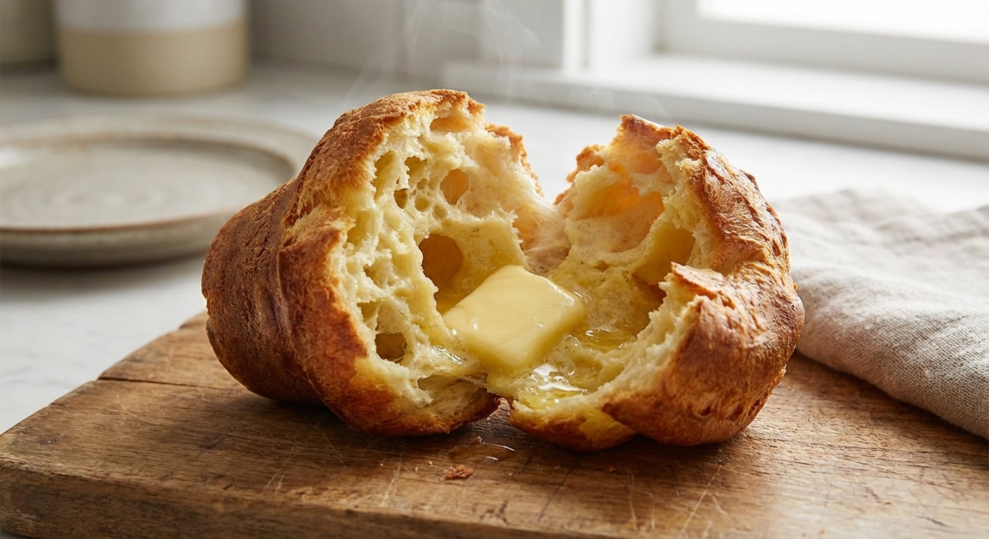 A real photo of a popover split open showing a soft, chewy interior with butter melting inside