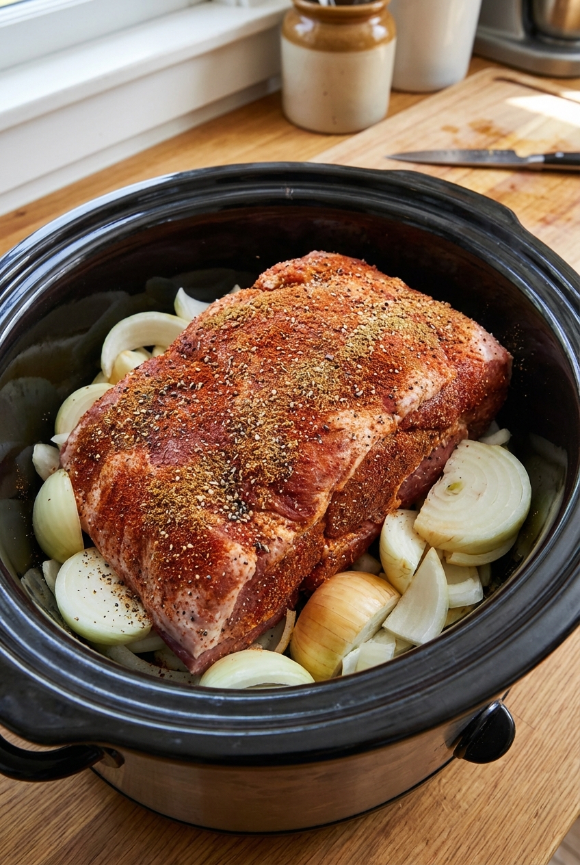 A real photo of a pork shoulder in a slow cooker before cooking, coated in a spice rub with sliced onions around it