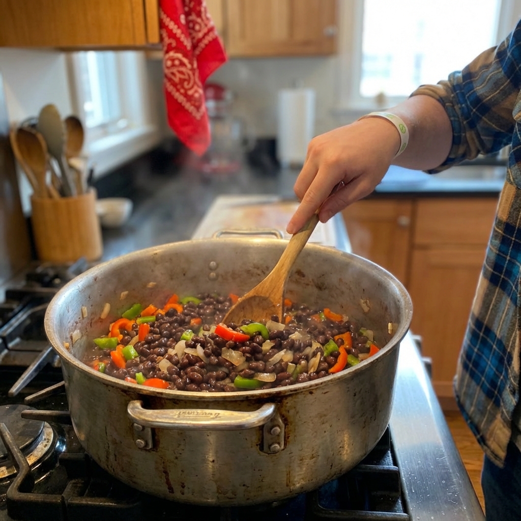 A real photo of a pot of black beans simmering with onions and bell peppers, with a wooden spoon stirring