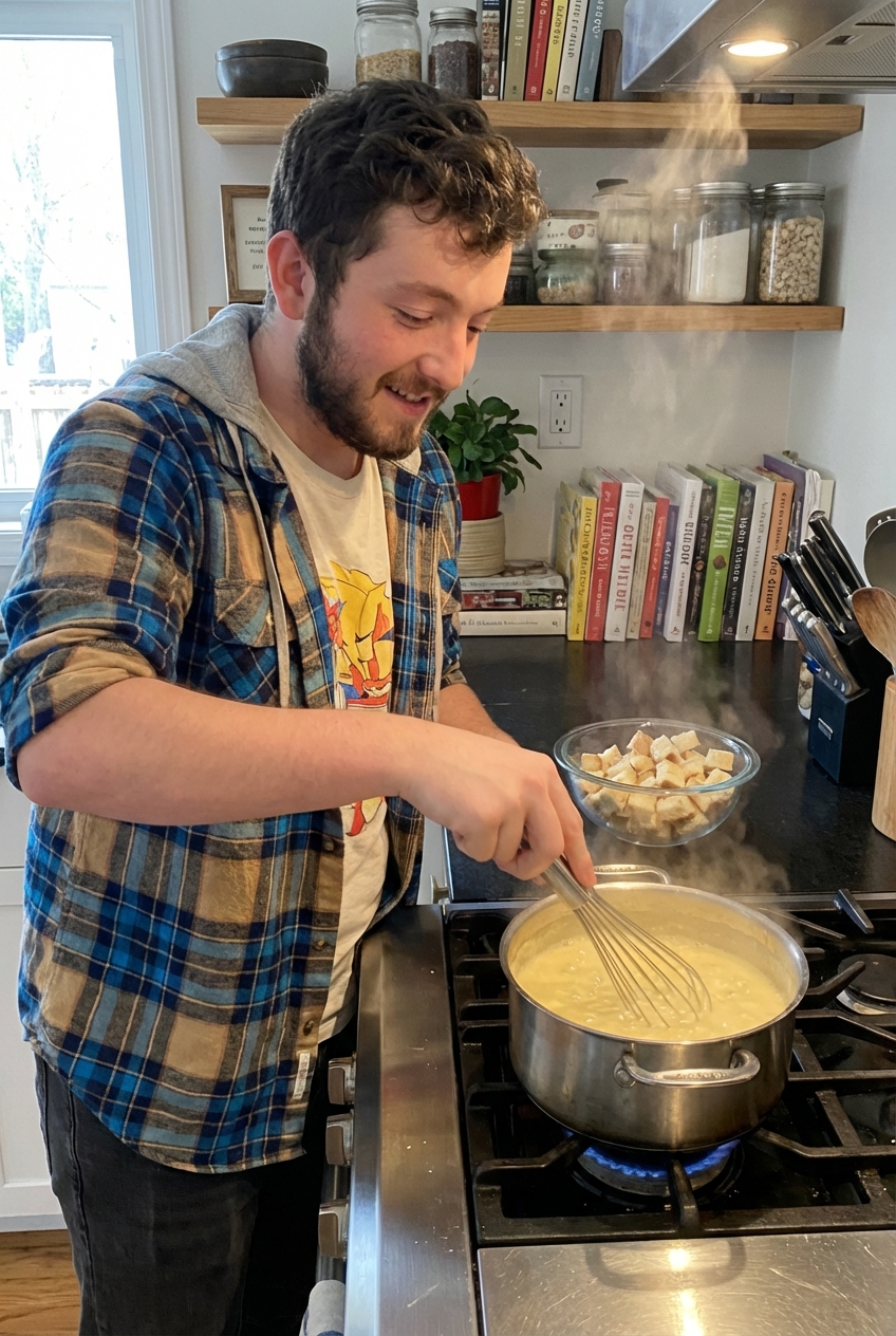 A real photo of a pot of cheese fondue being whisked on a stovetop