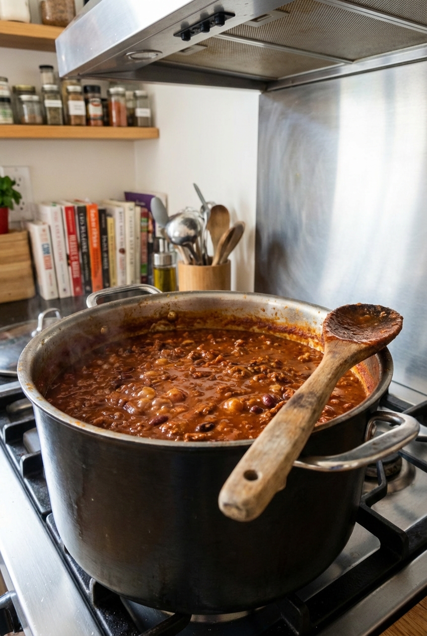 A real photo of a pot of chili simmering on a stovetop with a wooden spoon resting on the rim