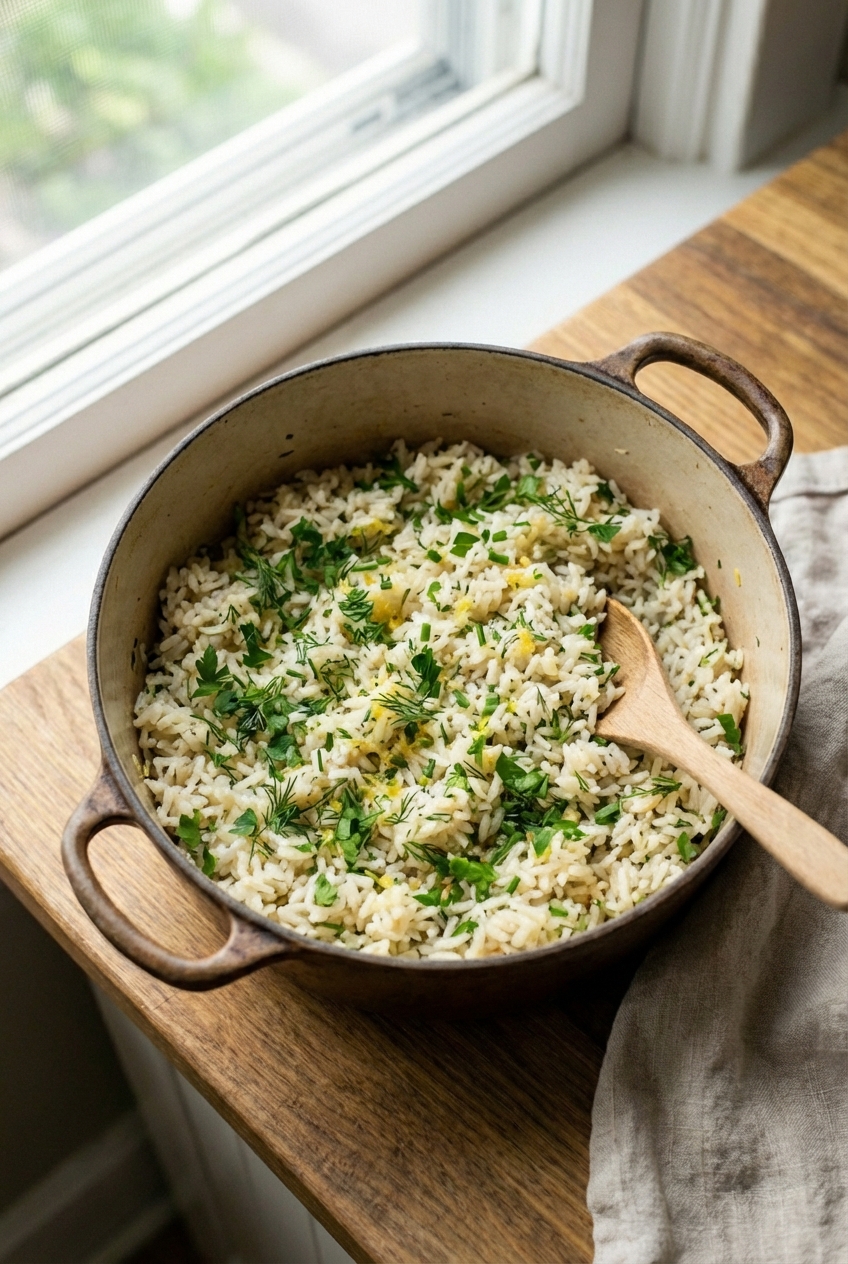 A real photo of a pot of fluffy herbed rice with parsley