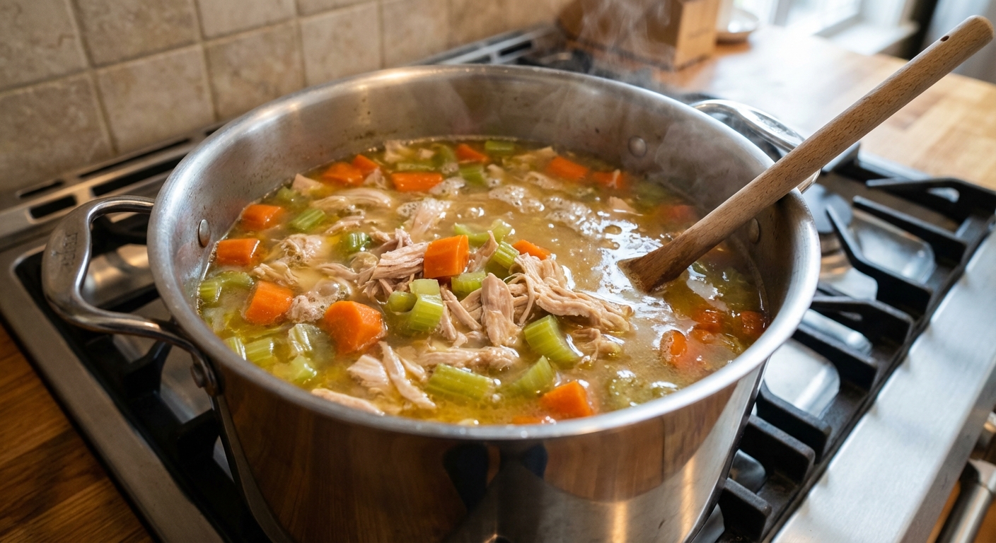 A real photo of a pot of turkey soup simmering on the stove with visible carrots, celery, and shredded turkey