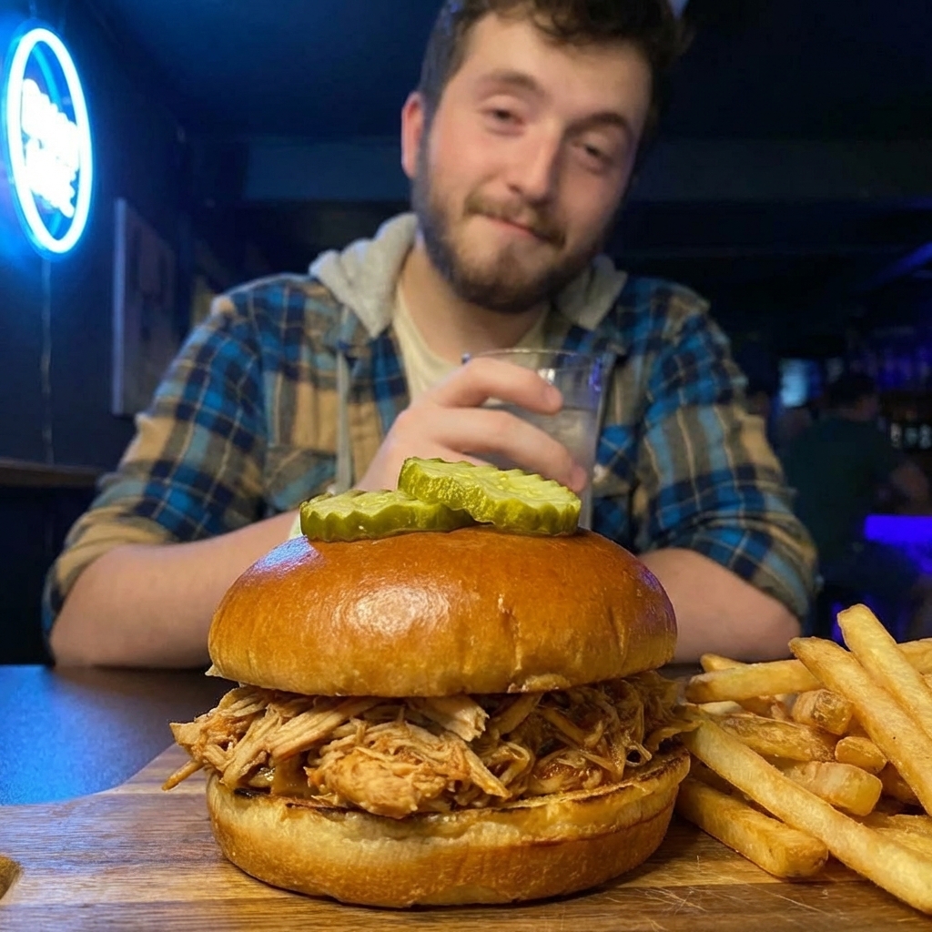 A real photo of a pulled chicken sandwich on a toasted bun with pickles