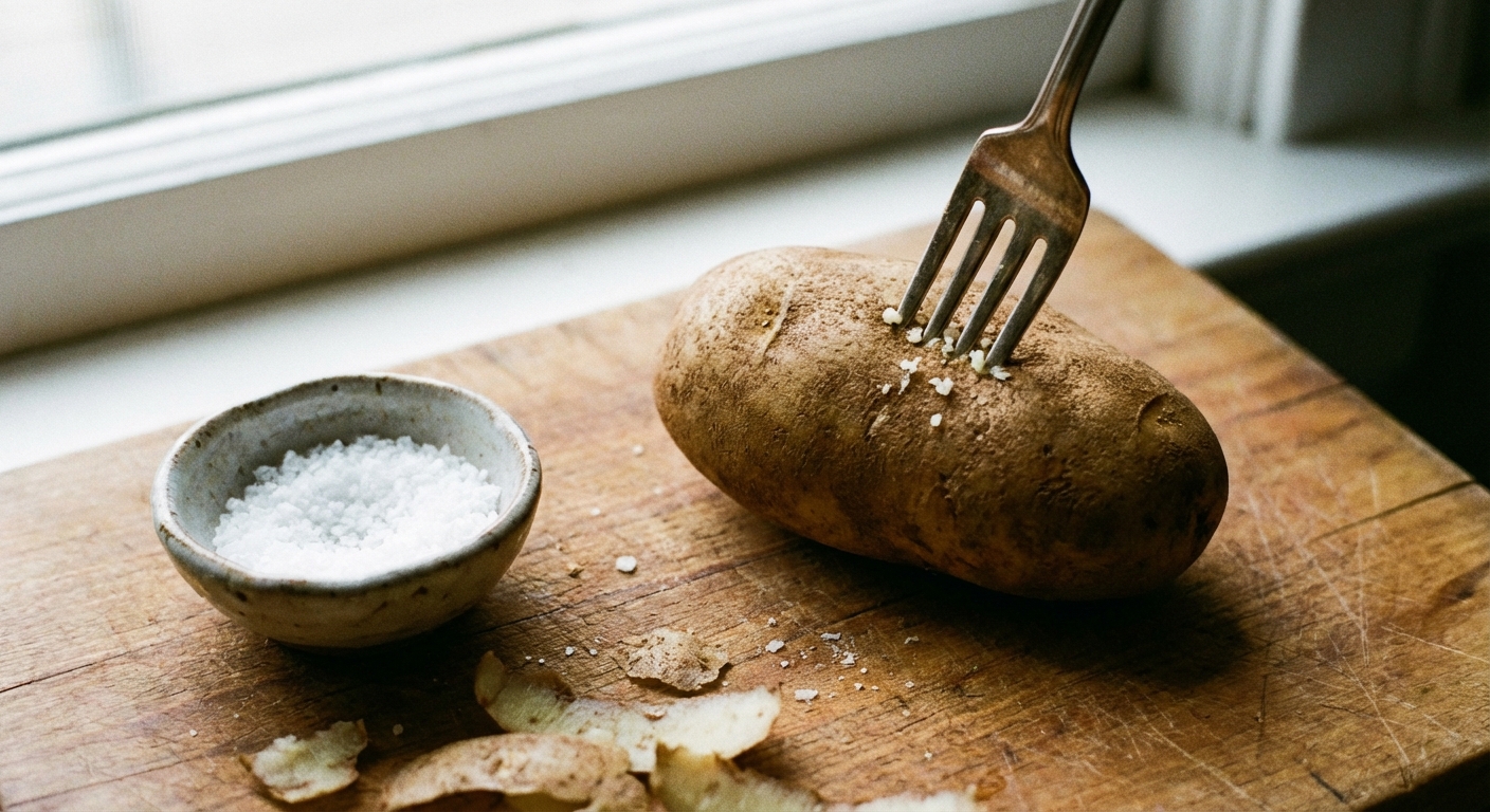 A real photo of a raw russet potato being pierced with a fork on a cutting board next to a small bowl of salt