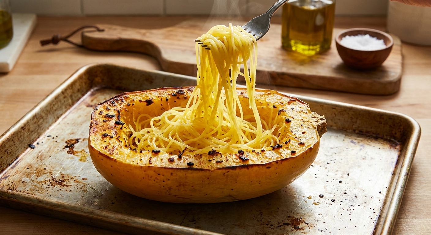 A real photo of a roasted spaghetti squash half on a sheet pan, golden edges and caramelized spots visible, with a fork pulling spaghetti-like strands in warm kitchen light