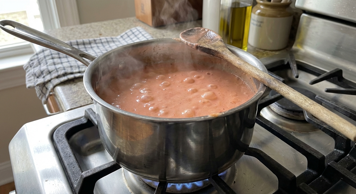 A real photo of a saucepan of simmering pink vodka sauce on a stovetop with a wooden spoon resting on the rim