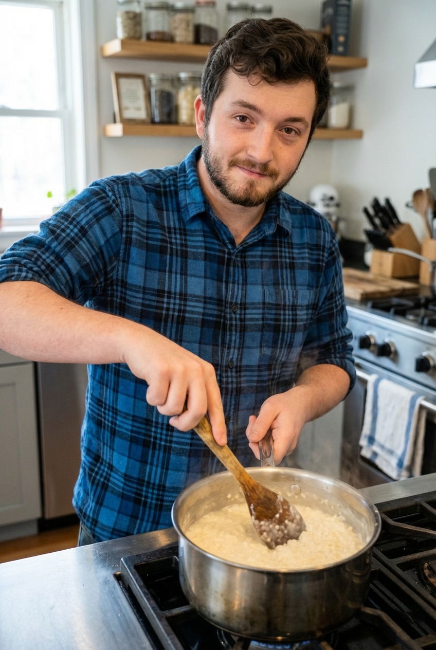 A real photo of a saucepan on a stovetop with rice pudding gently simmering, a wooden spoon stirring through the creamy mixture