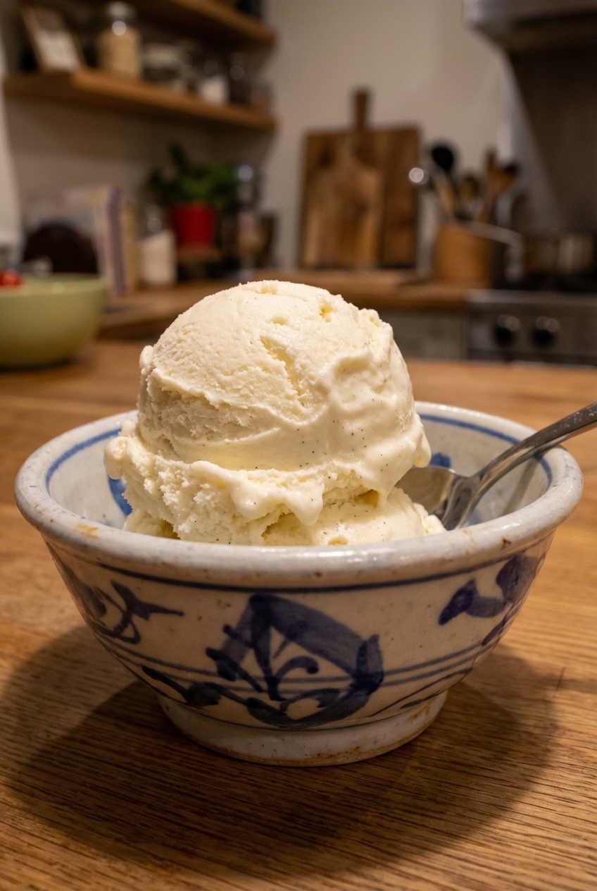 A real photo of a scoop of vanilla ice cream in a small bowl