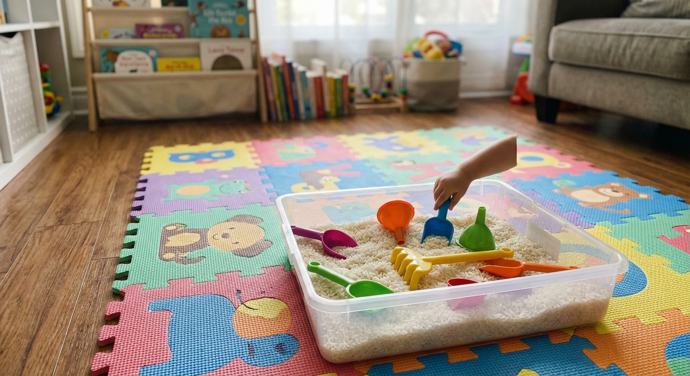 A real photo of a sensory bin filled with dry rice and scoops on a play mat