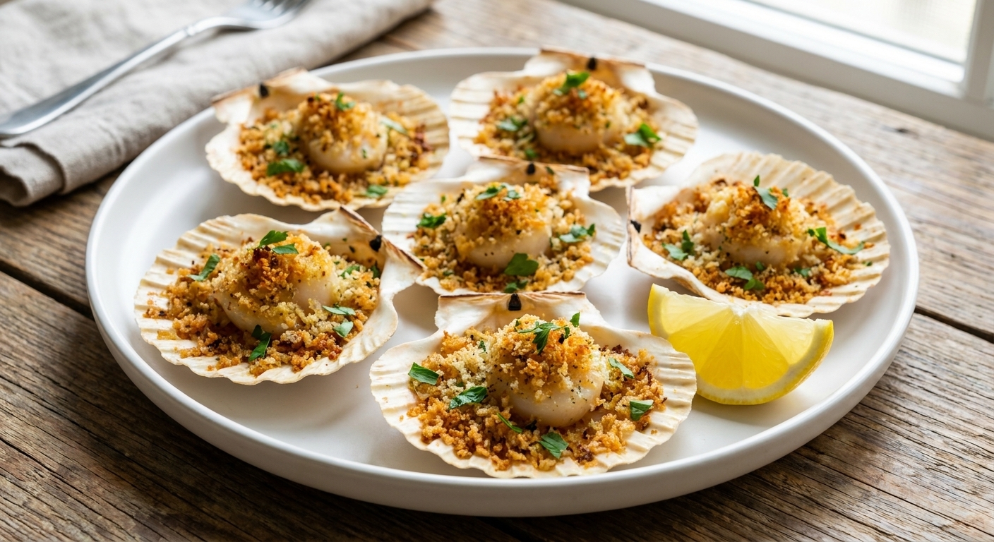A real photo of a serving of baked sea scallops with golden garlic butter panko topping plated on a white dish with a lemon wedge