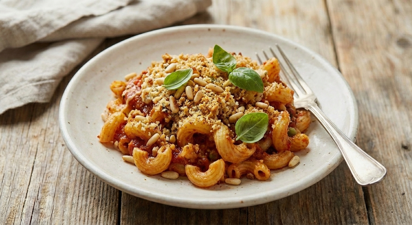 A real photo of a serving of vegan baked pasta on a plate with crispy topping and a fork on the side