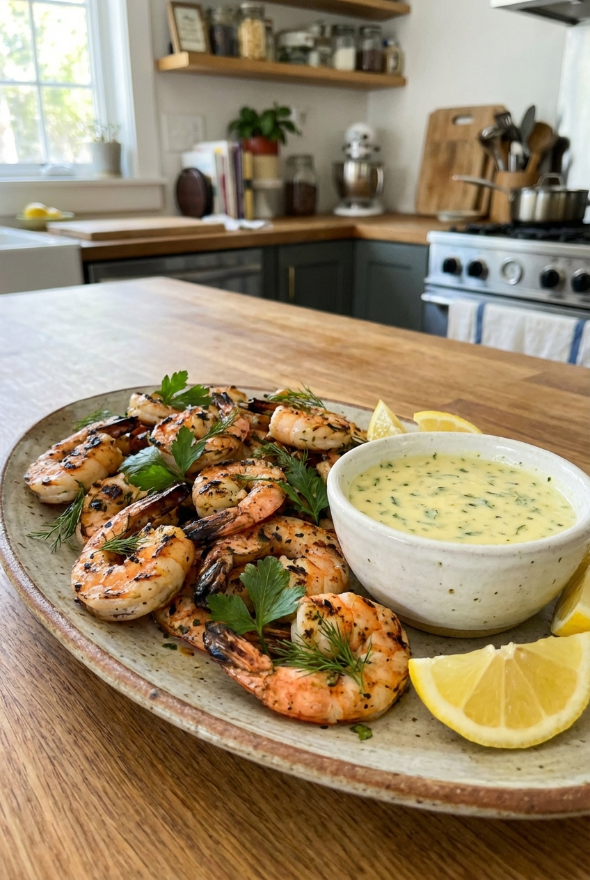 A real photo of a serving platter of grilled shrimp with a small bowl of creamy lemon herb sauce and lemon wedges beside it