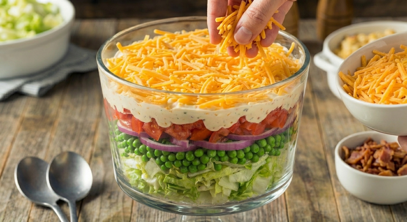 A real photo of a seven-layer salad being assembled in a clear glass bowl with visible layers