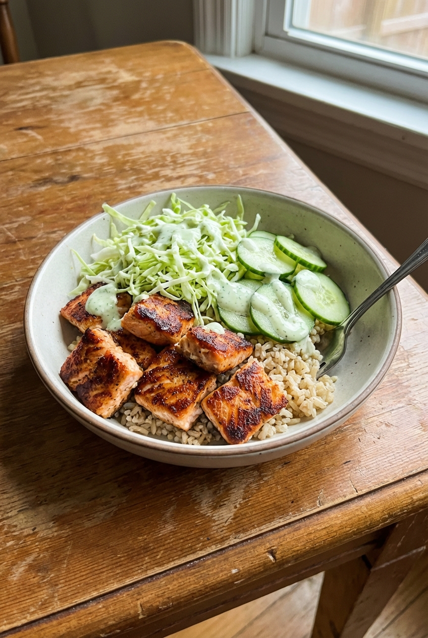 Spicy Salmon Bowls With Crunchy Cabbage and Lime Yogurt