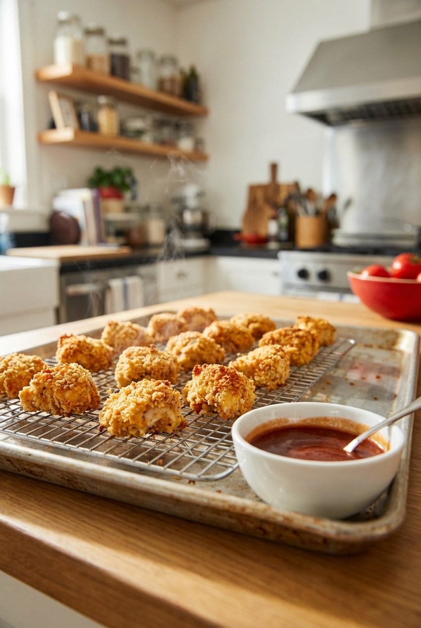 A real photo of a sheet pan holding crispy baked chicken bites cooling on a wire rack with a small bowl of sauce nearby