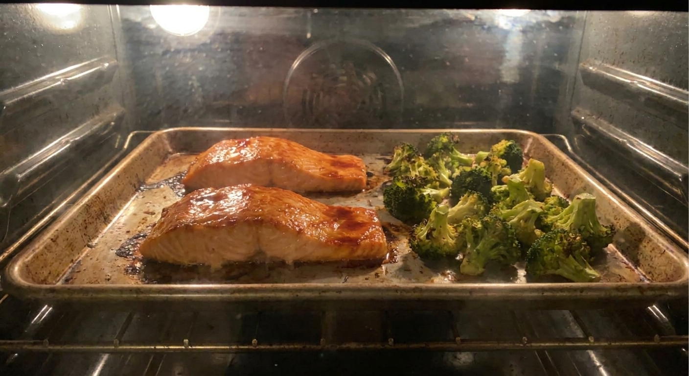 A real photo of a sheet pan in an oven with salmon fillets and broccoli roasting, with a glossy glaze visible on the salmon