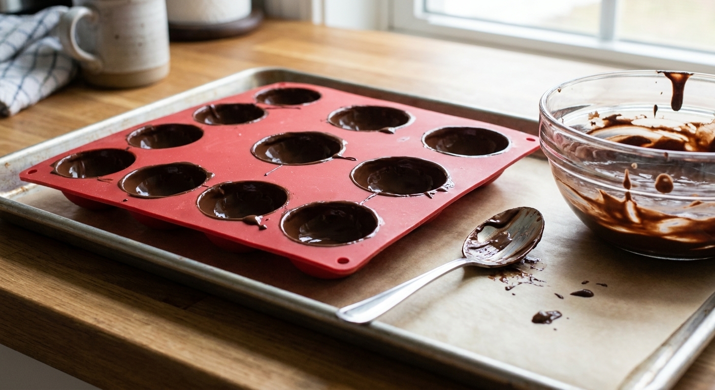 A real photo of a silicone half-sphere mold on a baking sheet with each cavity coated in melted chocolate, a spoon and bowl of chocolate nearby