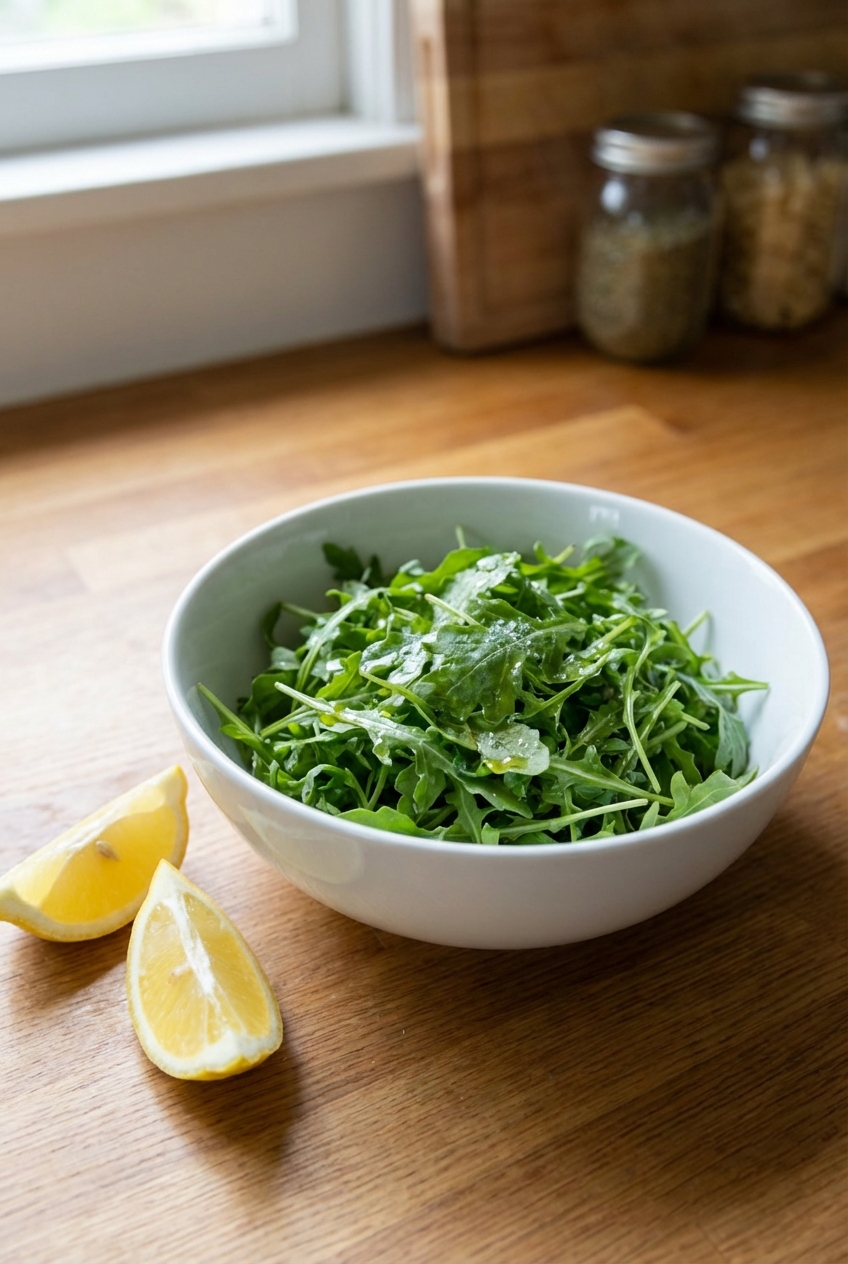 A real photo of a simple arugula salad in a white bowl with lemon wedges on the side