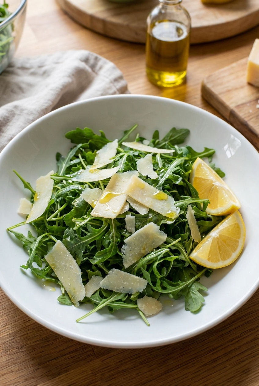 A real photo of a simple arugula salad with shaved Parmesan and lemon