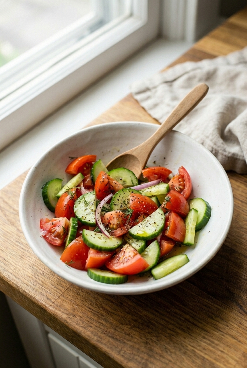 A real photo of a simple cucumber and tomato salad in a white bowl