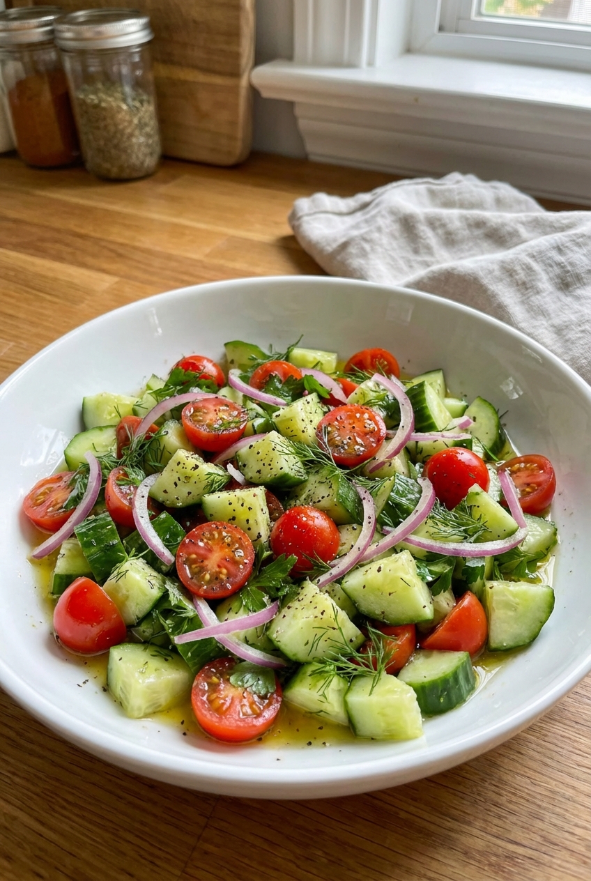 A real photo of a simple cucumber tomato salad in a white bowl with herbs