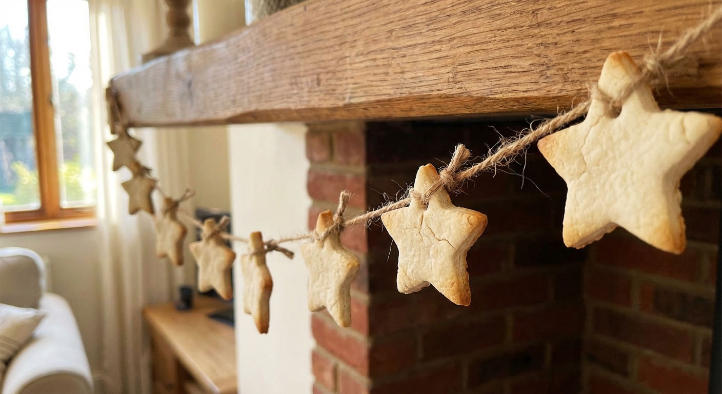 A real photo of a simple garland made from small salt dough stars on twine