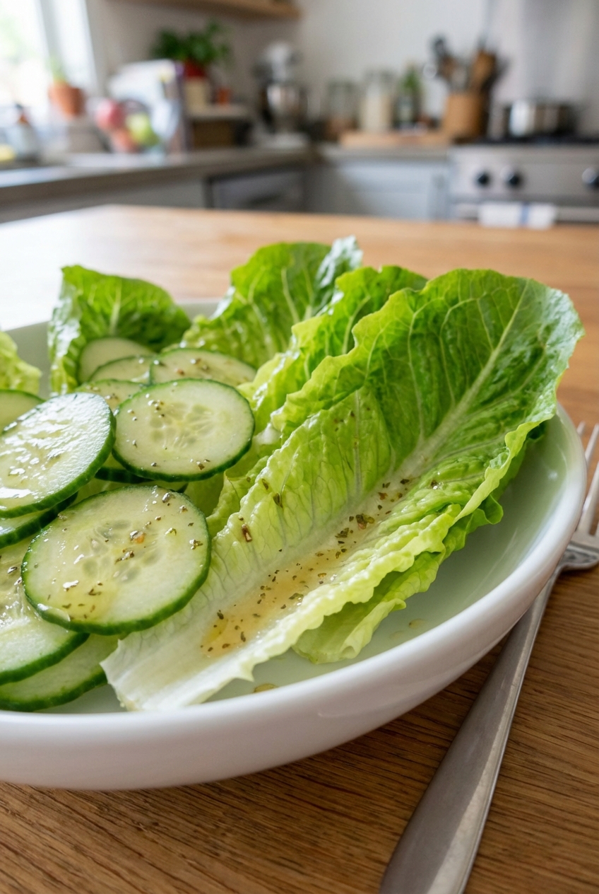 A real photo of a simple green salad with cucumbers and a light vinaigrette in a white bowl