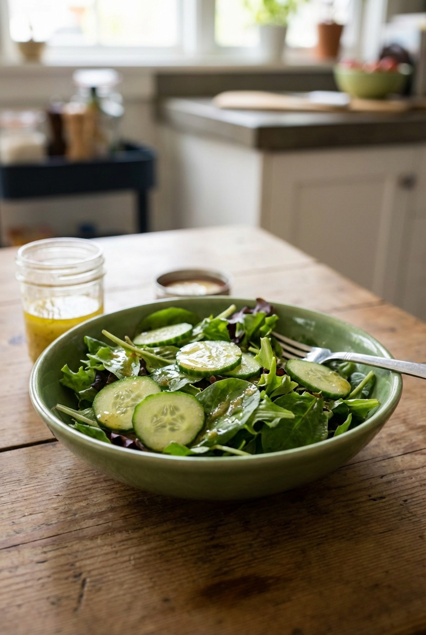 A real photo of a simple green salad with cucumbers and lemon vinaigrette
