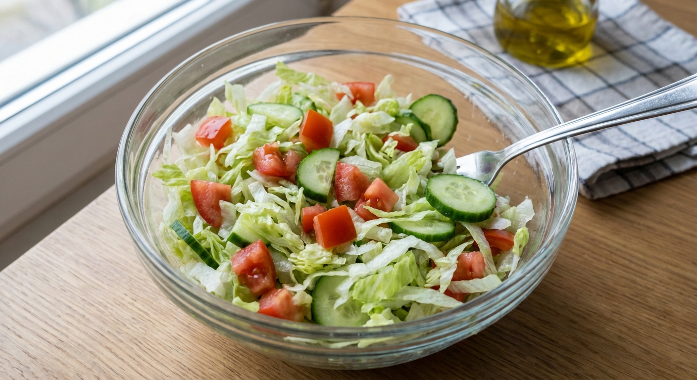 A real photo of a simple shredded lettuce salad with tomato and cucumber in a bowl