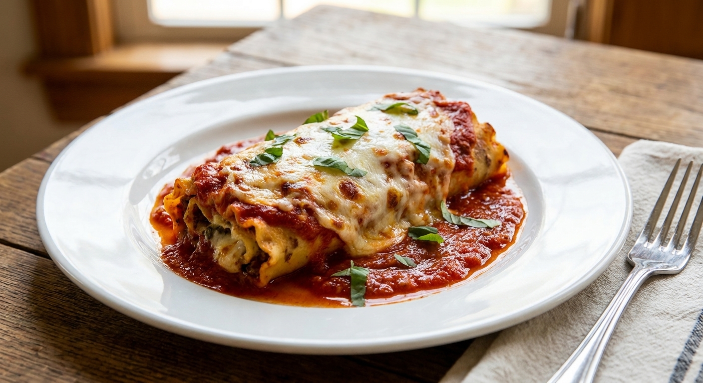 A real photo of a single cheesy lasagna roll-up on a dinner plate with marinara sauce and melted mozzarella, garnished with basil, ready to eat