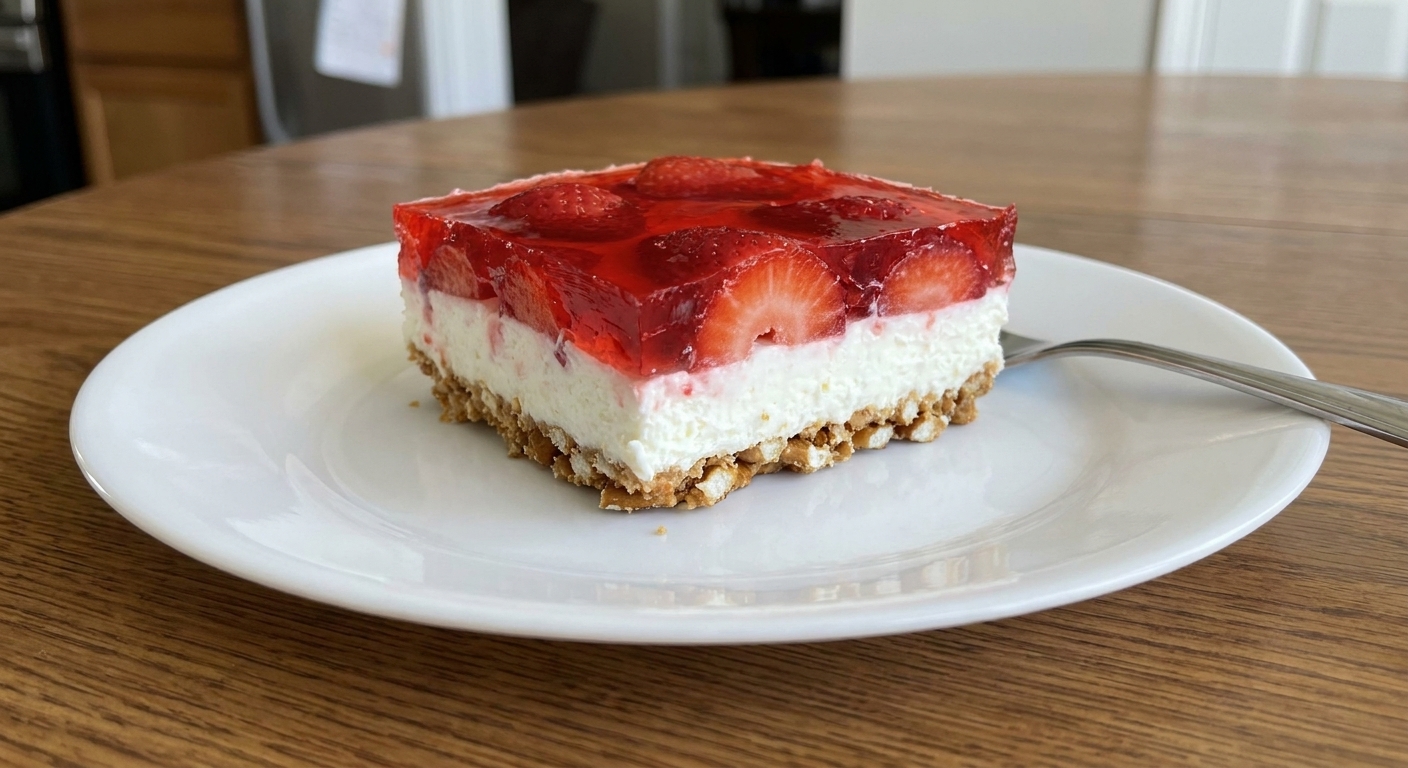 A real photo of a single square slice of strawberry pretzel salad on a white dessert plate, with clean layers and a few strawberry slices visible in the gelatin