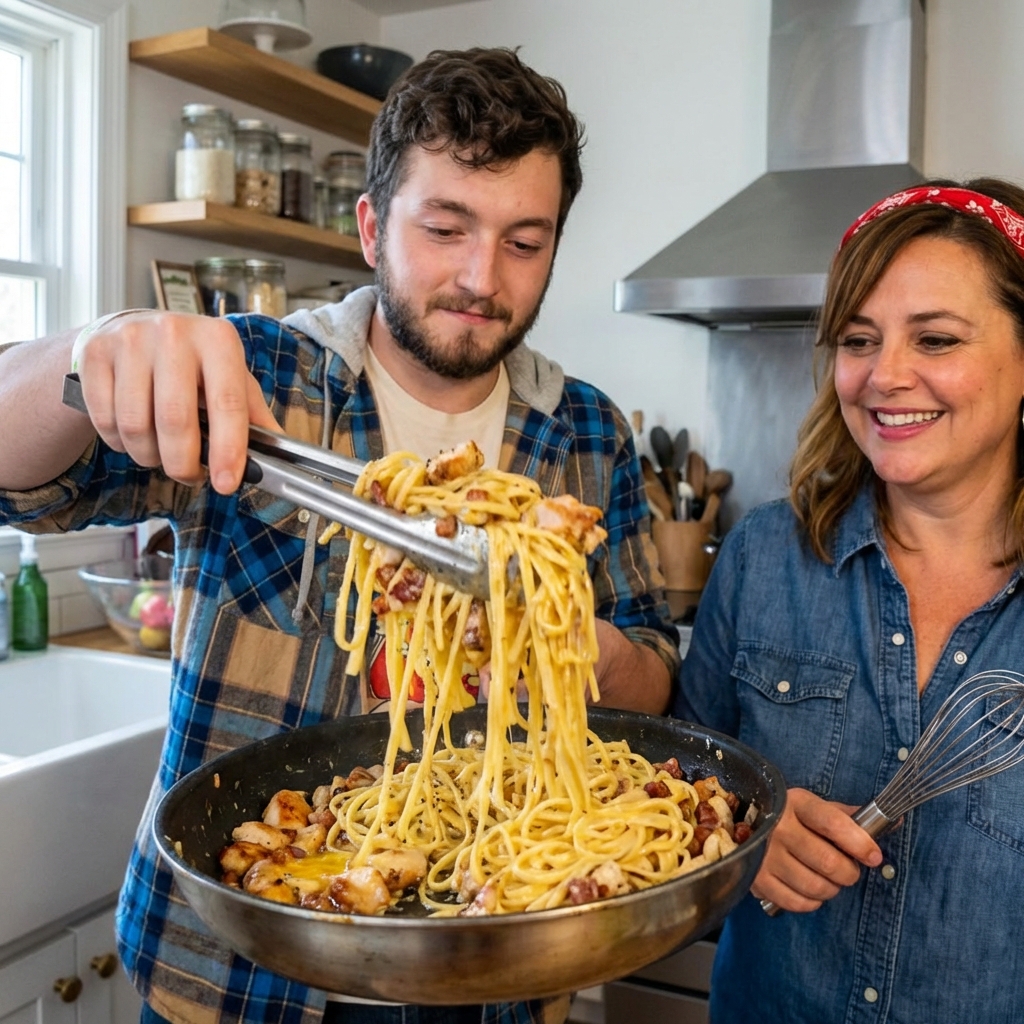 A real photo of a skillet of chicken carbonara being tossed with tongs, showing glossy noodles and crisp pancetta