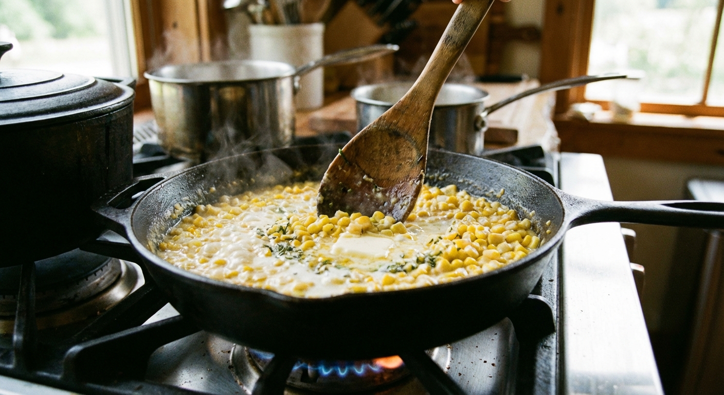 A real photo of a skillet on a stovetop with creamy corn being stirred with a wooden spoon