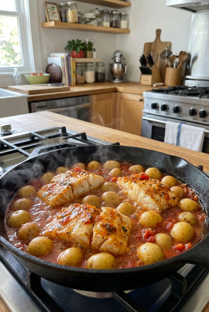 A real photo of a skillet on the stove with cod fillets nestled into simmering tomato sauce and baby potatoes