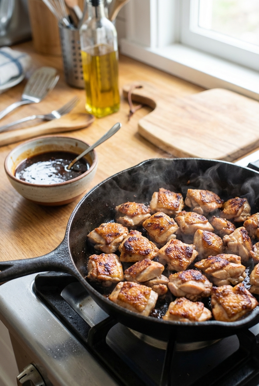 A real photo of a skillet with bite-sized pieces of chicken browning until crisp, with a small bowl of teriyaki sauce nearby on the counter