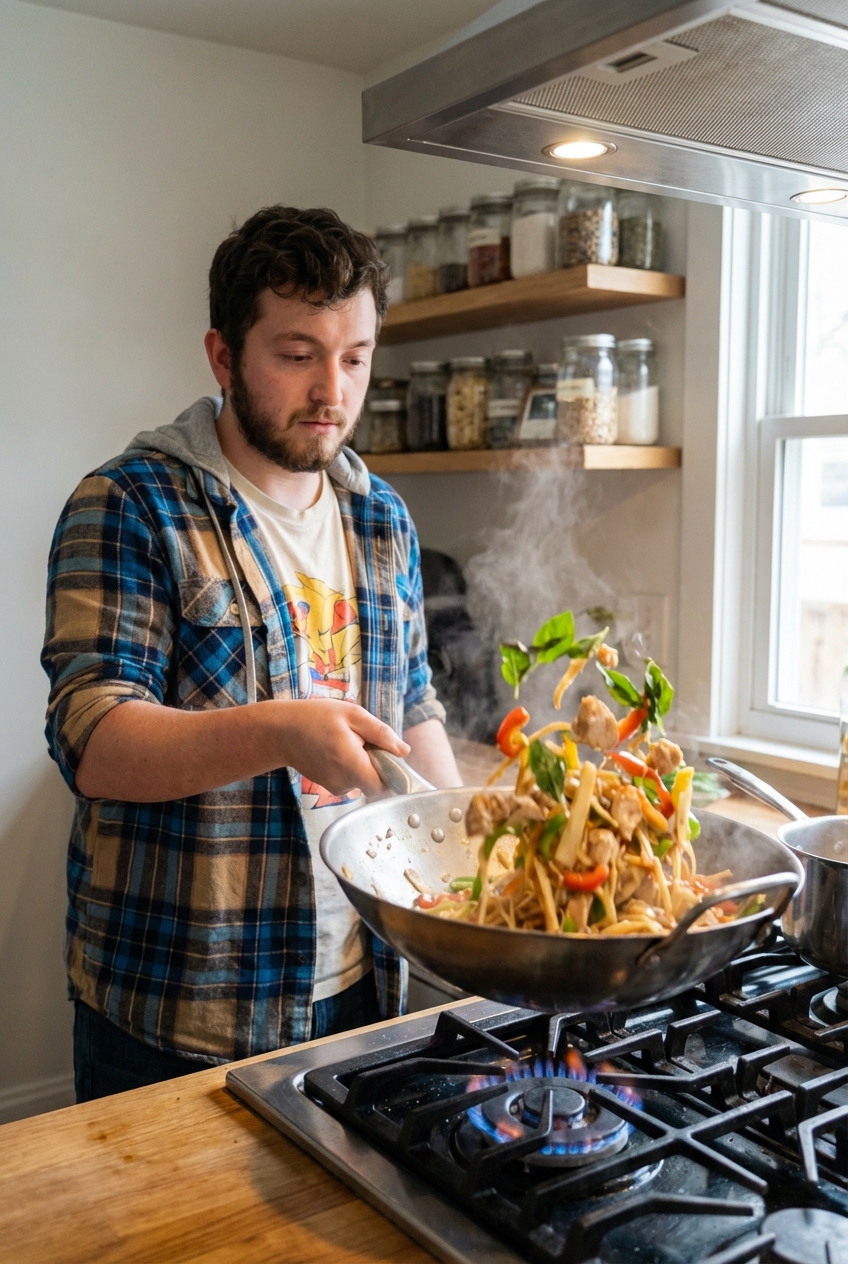 A real photo of a skillet with drunken noodles being tossed with basil and vegetables over a stovetop