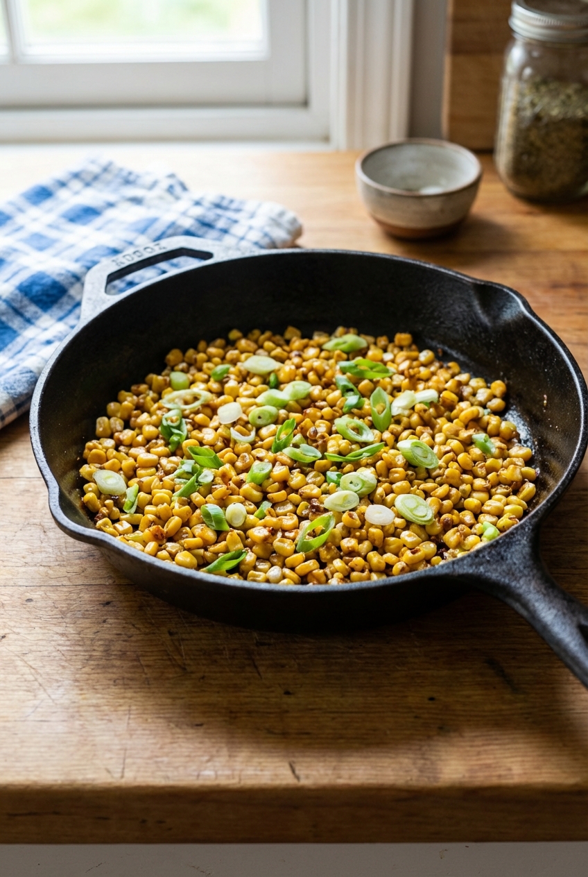 A real photo of a skillet with toasted corn kernels and sliced scallions