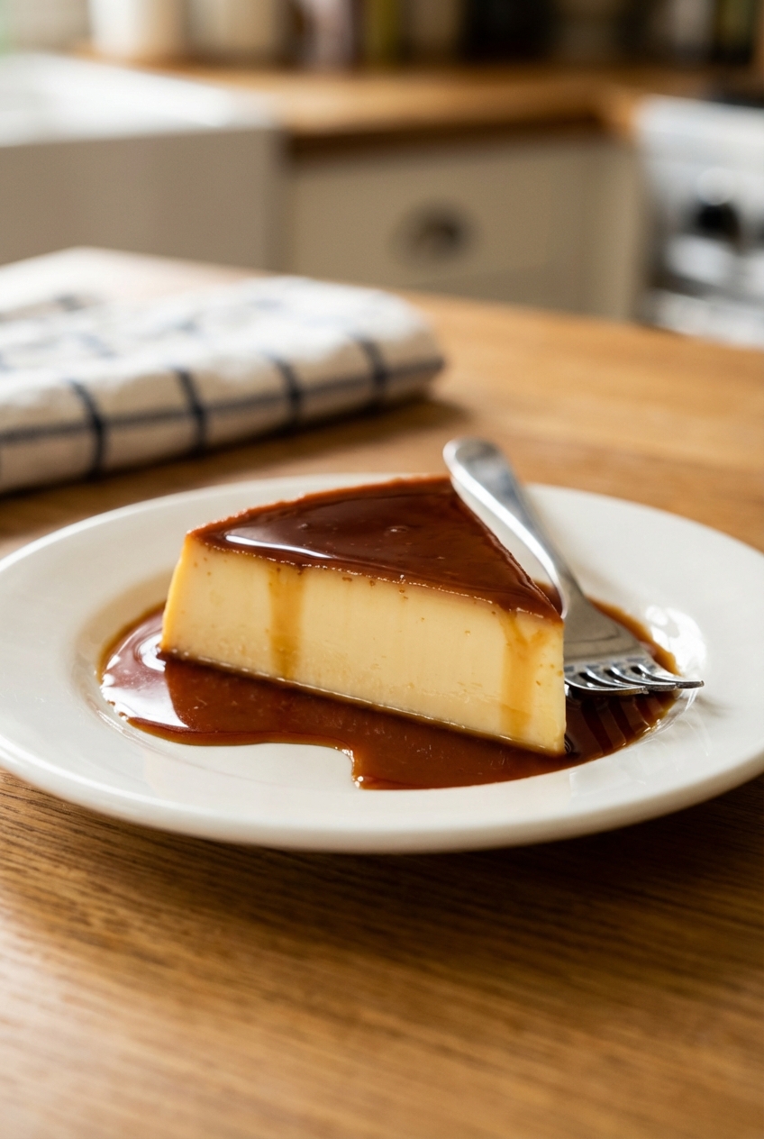 A real photo of a slice of vanilla flan with caramel sauce on a dessert plate