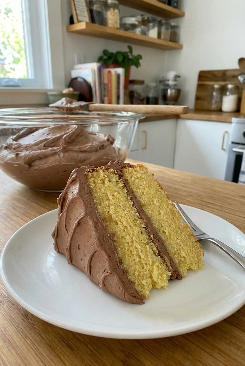 A real photo of a slice of yellow vanilla cake with chocolate frosting on a plate