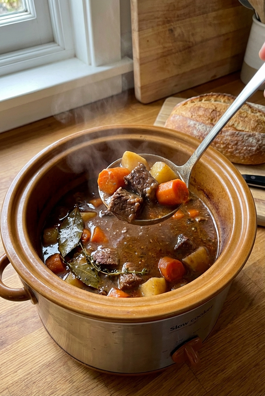 A real photo of a slow cooker filled with finished beef stew, with a ladle scooping up beef, carrots, and potatoes