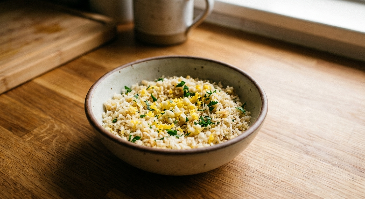 A real photo of a small bowl filled with panko breadcrumbs mixed with melted butter, minced garlic, lemon zest, and parsley