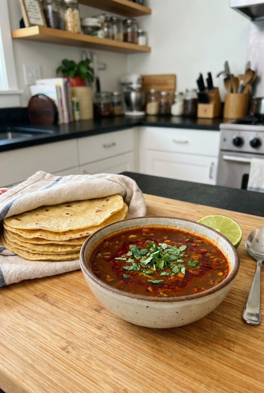A real photo of a small bowl of birria consomé with a light sheen of red chile oil on top, sitting beside a stack of warm tortillas