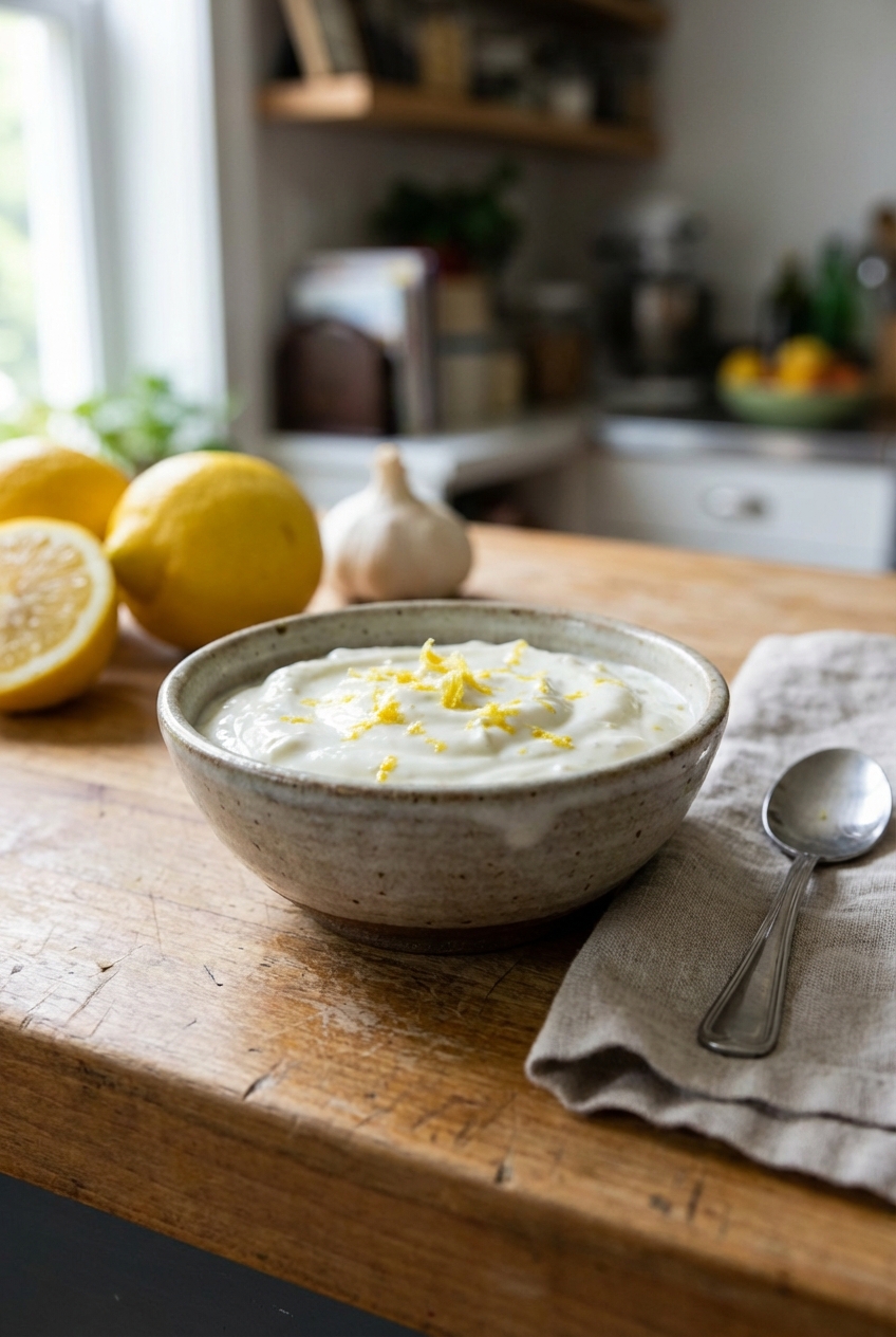 A real photo of a small bowl of garlicky yogurt sauce with lemon zest