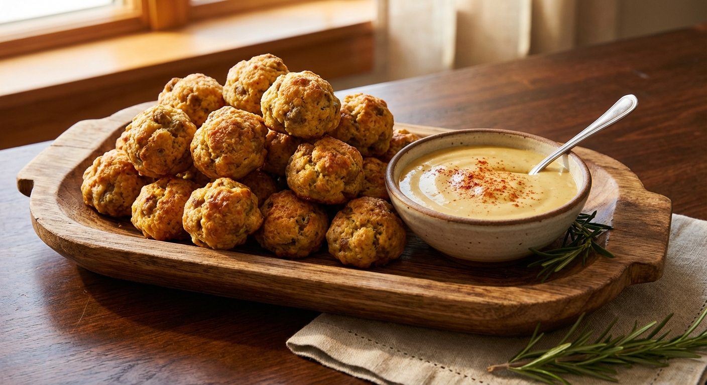 A real photo of a small bowl of honey mustard dip next to a pile of sausage balls on a serving platter