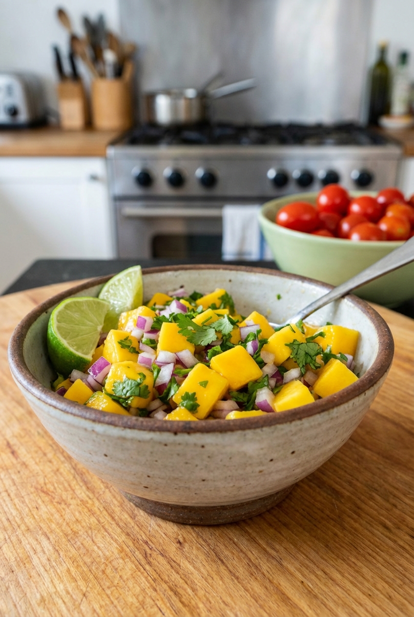A real photo of a small bowl of mango salsa with diced mango, red onion, cilantro, and lime