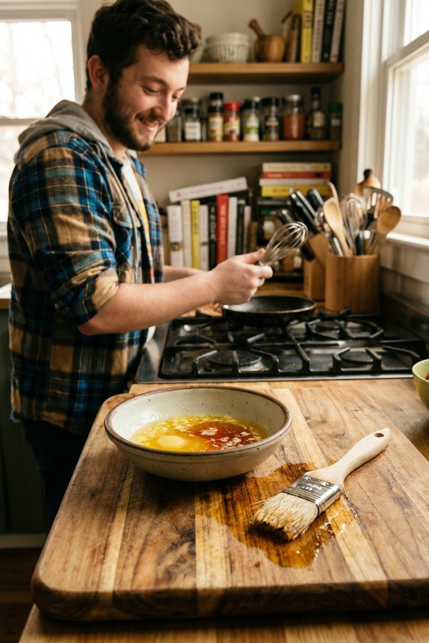 A real photo of a small bowl of melted butter mixed with hot honey and lemon juice next to a pastry brush on a wooden cutting board