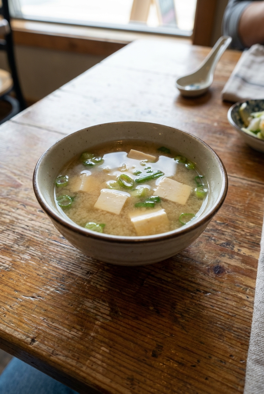 A real photo of a small bowl of miso soup with tofu and scallions on a wooden table